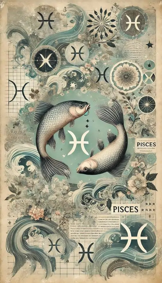 Bức vẽ tông bạc xanh sắp hai con cá lượn giữa vòng ký hiệu hoàng đạo, nền giấy cũ và họa tiết mờ khiến chòm sao Song Ngư hiện lên theo kiểu vintage khá đẹp
