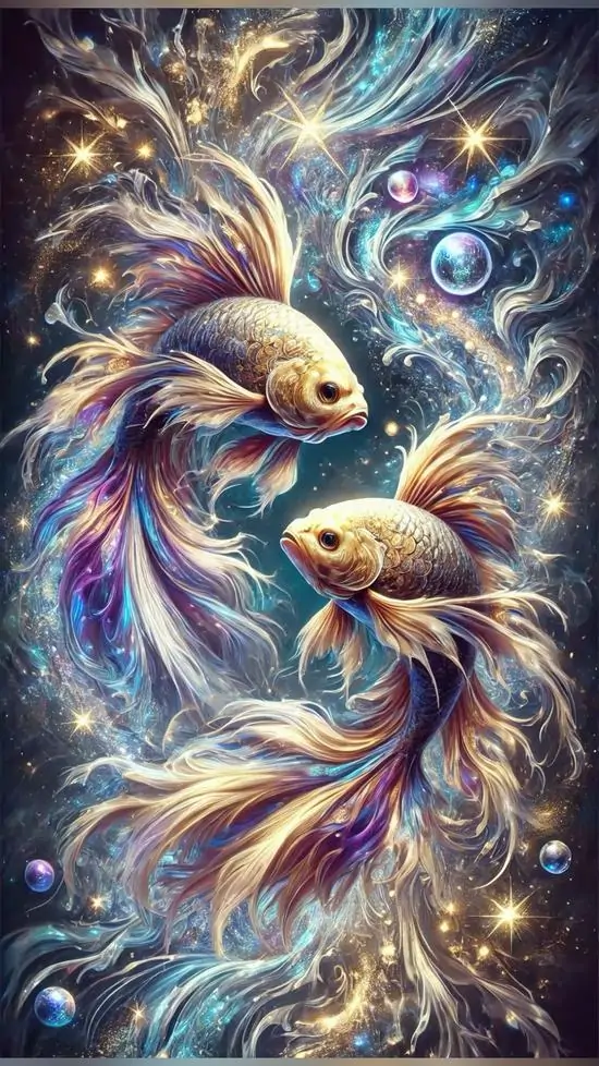 Hình nền điện thoại đưa cặp cá phát sáng lên giữa dải tinh vân tím xanh, đuôi dài quấn vào nhau như đang xoáy trong ngân hà nên nhìn rất ngầu mà vẫn mềm mắt