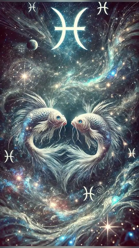 Hai sinh thể nước trắng xanh lướt vòng giữa nền sao dày, hiệu ứng sương và ánh sáng loang khiến ảnh nền cung Song Ngư này giống một giấc mơ dưới bầu trời đêm