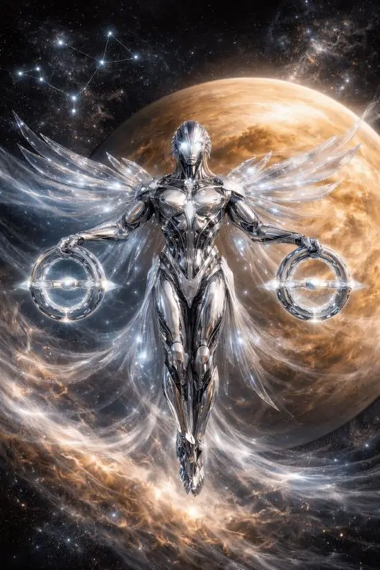 Nhân vật áo trắng như thiên thần đứng trước mặt trăng lớn, tóc và dải vải bay mạnh ra sau khiến hình ảnh Thiên Bình nghệ thuật có độ sáng cao và khá huyền ảo