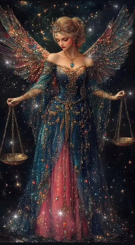 Ảnh wallpaper người phụ nữ mặc váy dài đỏ xanh dang tay trong khung đêm đầy sao, hai bên có cán cân nhỏ và lớp bụi sáng quanh tóc làm ảnh trông cổ tích hơn