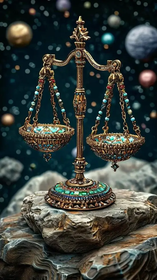 Hai chiếc cân đặt trên bệ đá giữa mặt nước, phía sau là trời đêm xanh đậm và các quả cầu sáng nổi lơ lửng, tạo cảm giác tĩnh lặng kiểu ảnh chòm sao Thiên Xứng