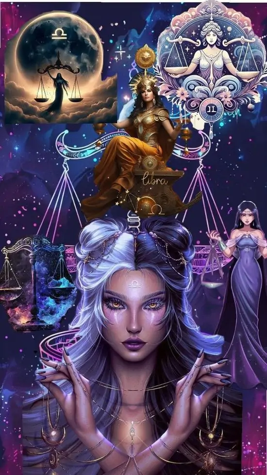 Ảnh khóa màn hình cô gái tóc tím nhìn thẳng, phía trên đầu là mặt trăng và các hình cầu phát sáng, nền tím xanh dày lớp hiệu ứng làm hình ảnh Thiên Bình nghệ thuật nổi hẳn lên