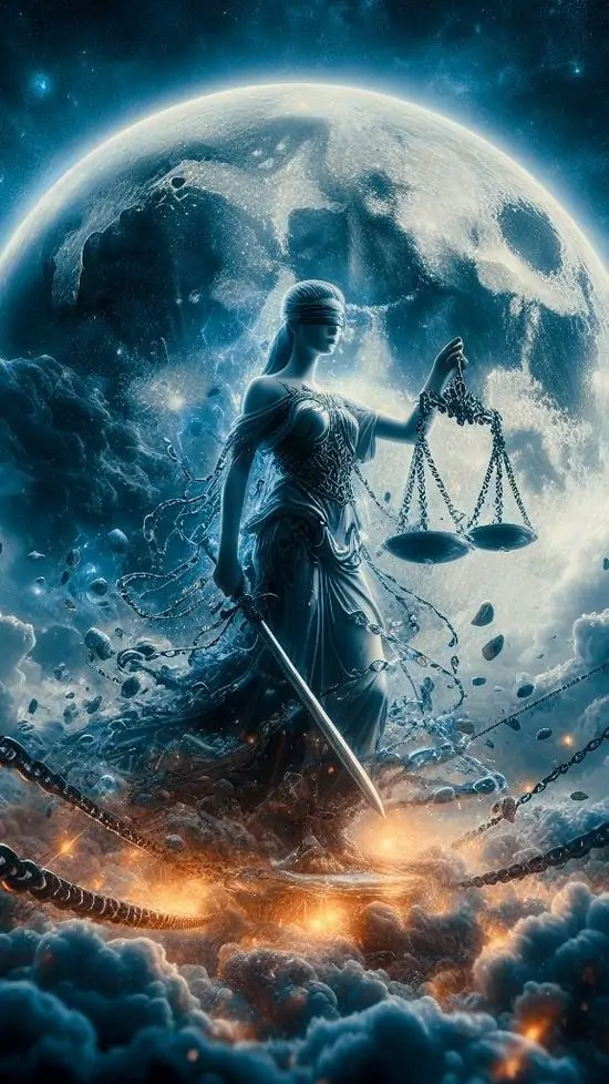 Bóng người cầm cán cân đứng trước vầng trăng lớn và sóng nước cuộn dưới chân, tông xanh lam lạnh khiến cảnh đêm của Libra trông mạnh và có độ sâu rõ rệt