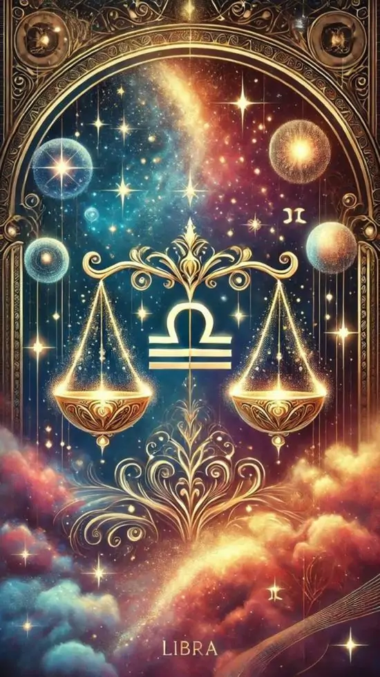 Ảnh dọc nền mây sao màu xanh vàng với ký hiệu Libra nằm giữa, hai chiếc cân nhỏ hai bên và quầng sáng bo tròn khiến bố cục gọn gàng, đối xứng, rất vừa mắt