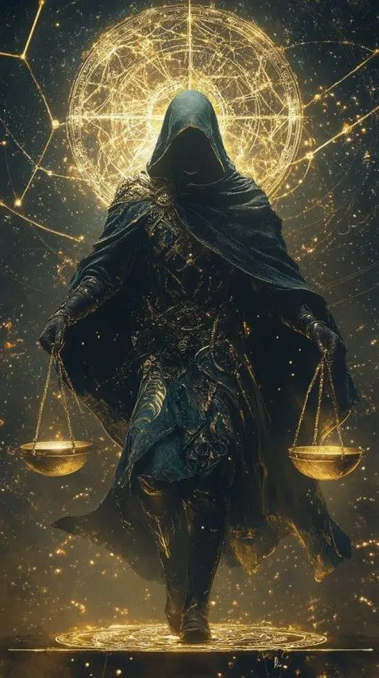 Hình nền máy nhân vật áo choàng đen quay lưng dưới quầng sáng tròn như nhật thực, nền vàng xám phủ sương mờ làm khung ảnh tối nhưng vẫn đủ độ sang và cân đối