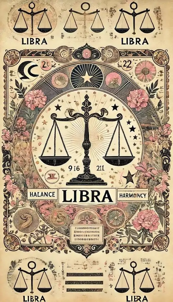Hình nền poster cung Thiên Bình phong cách cổ điển với cán cân lặp lại nhiều lần, nền hoa văn kem hồng và chữ Libra đặt giữa khung tạo cảm giác trang nhã, gọn mắt