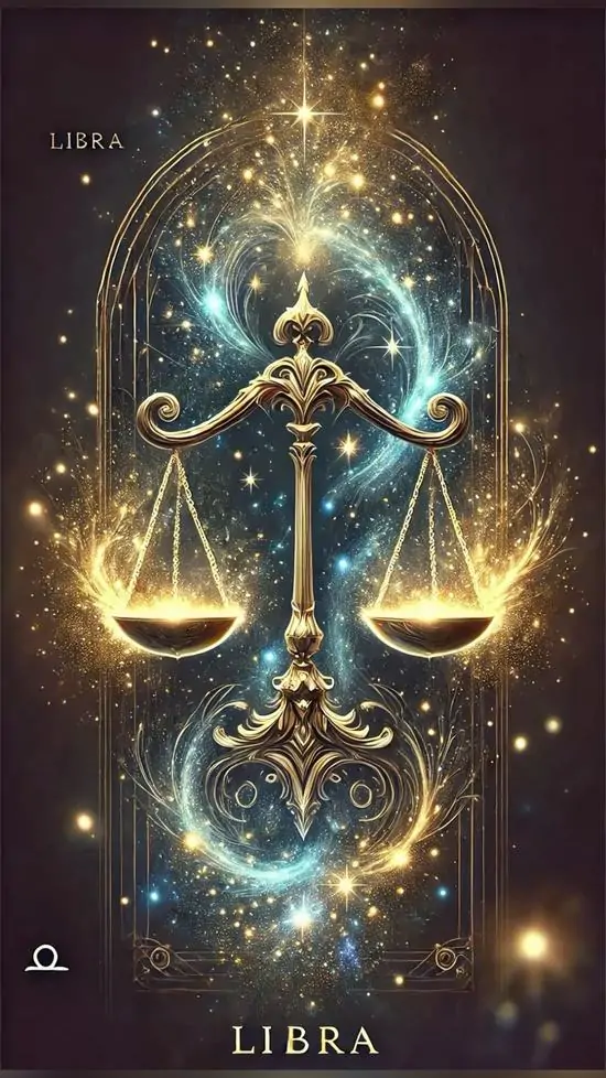 Ảnh nền màn hình chiếc cân vàng phát sáng đặt trong khung vòm tối, ánh sáng gom vào trung tâm và chữ Libra ở cạnh dưới làm hình đồ họa chòm sao Cái Cân rất nổi bật