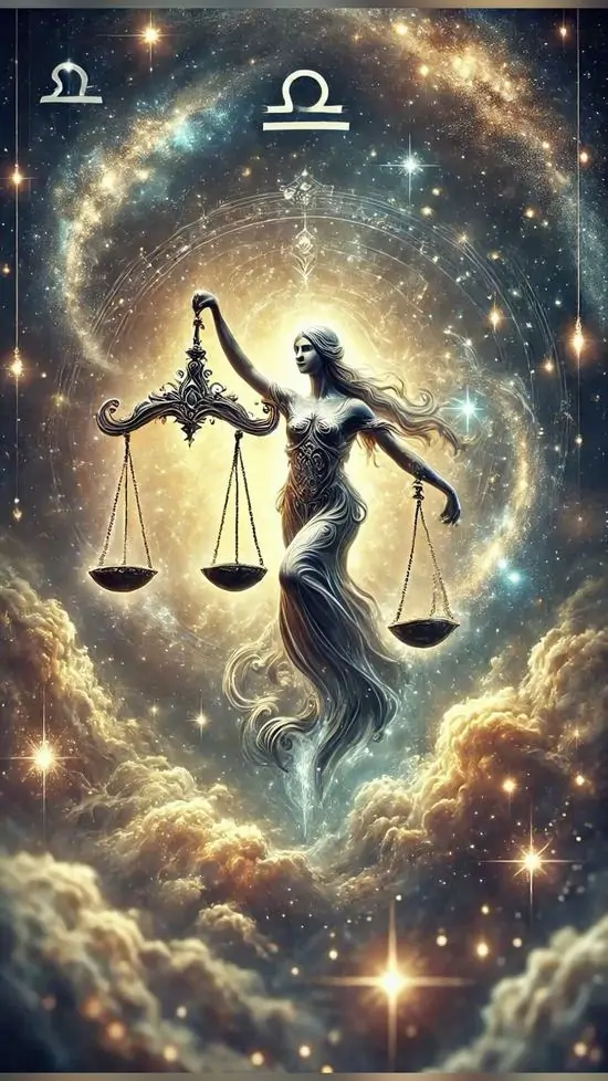 Một cơ thể người như đang nhảy giữa vòng sáng tròn, hai bên có cán cân nhỏ và bụi sao xoáy quanh khiến ảnh nền cung Thiên Bình trông giàu chuyển động, khá lạ mắt