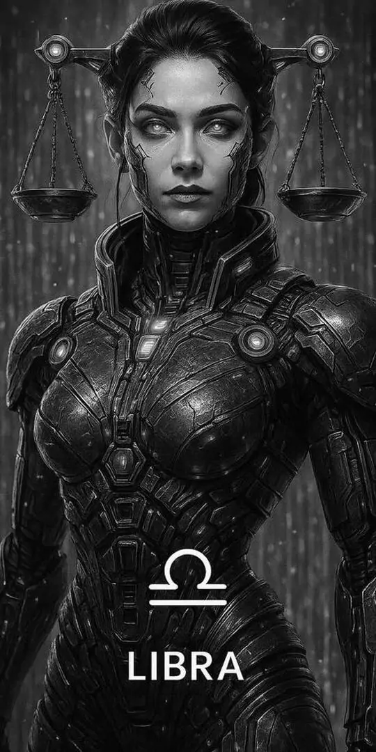 Ảnh nền dọc chân dung đen trắng của cô gái mặc giáp ôm người, tóc buộc gọn và ánh nhìn thẳng lạnh, phía dưới có ký hiệu Libra làm khung hình thêm phần sắc nét