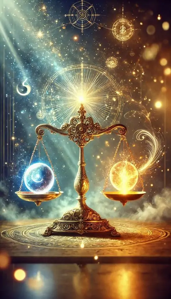 Trên mặt nước phản chiếu ánh vàng, chiếc cân nhỏ đặt trên bệ giữa khung với hai quầng sáng xanh cam hai bên, tạo cảm giác ảnh đại diện phong cách Libra khá cân bằng và sáng