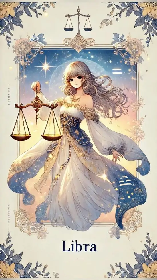 Hình nền 4K tranh minh họa cô gái tóc dài mặc váy trắng xanh, tay cầm cán cân nhỏ và đứng giữa viền hoa lá nhạt màu, tổng thể nhìn nữ tính và nhẹ như thiệp in