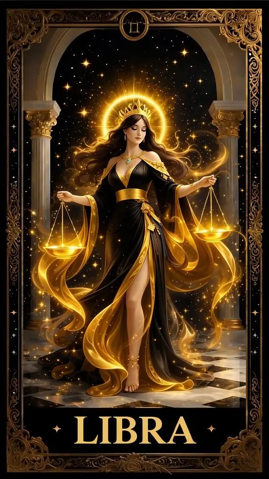 Khung đen vàng đặt một nhân vật nữ phát sáng ở giữa, tay dang nhẹ gần chiếc cân và chữ LIBRA nằm lớn bên dưới khiến hình đồ họa chòm sao Cái Cân trông rất rõ chủ đề