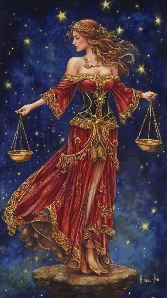 Ảnh nền mobile người phụ nữ váy đỏ cầm cán cân bước trong nền trời xanh đầy sao, tà váy bay rộng và tư thế xoay nhẹ làm cả cảnh trông mềm nhưng vẫn nổi bật