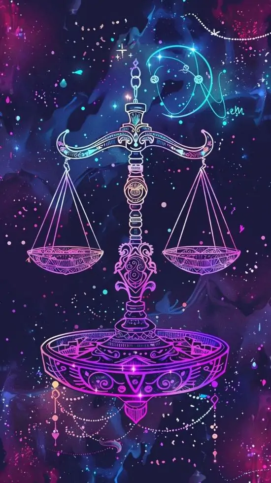 Ảnh bìa điện thoại chiếc cân tím hồng phát sáng nổi trên nền vũ trụ xanh đậm, các đường nét neon và quầng sáng tròn làm ảnh đại diện phong cách Libra trông hiện đại hơn
