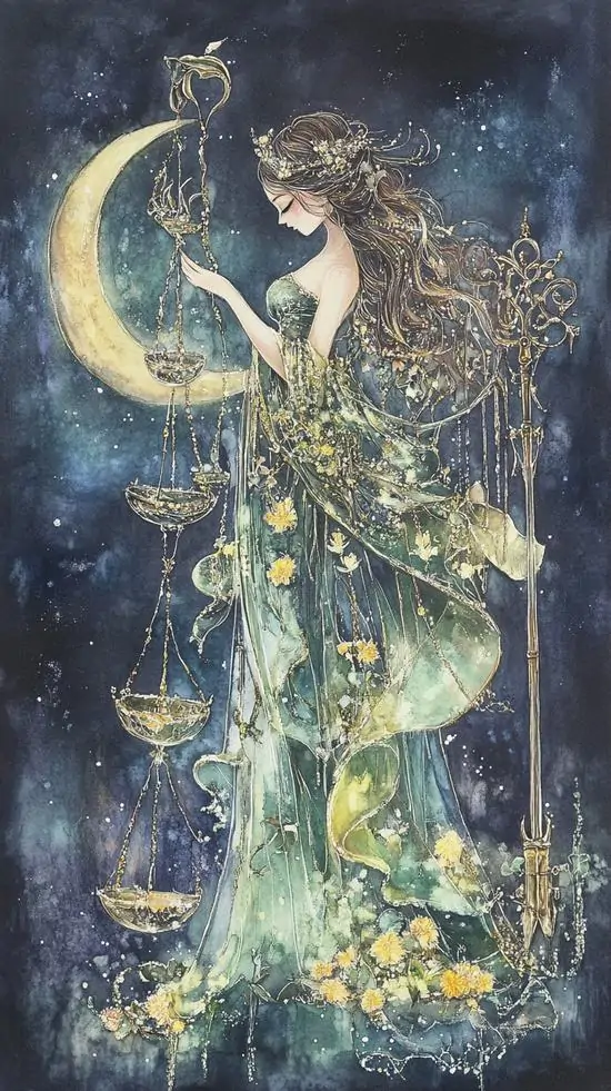 Ảnh nền cô gái mảnh mai như bước giữa bụi sao xanh vàng, váy dài phủ ánh sáng mềm và các chi tiết bay quanh người làm khung hình trông mơ màng, dịu mắt