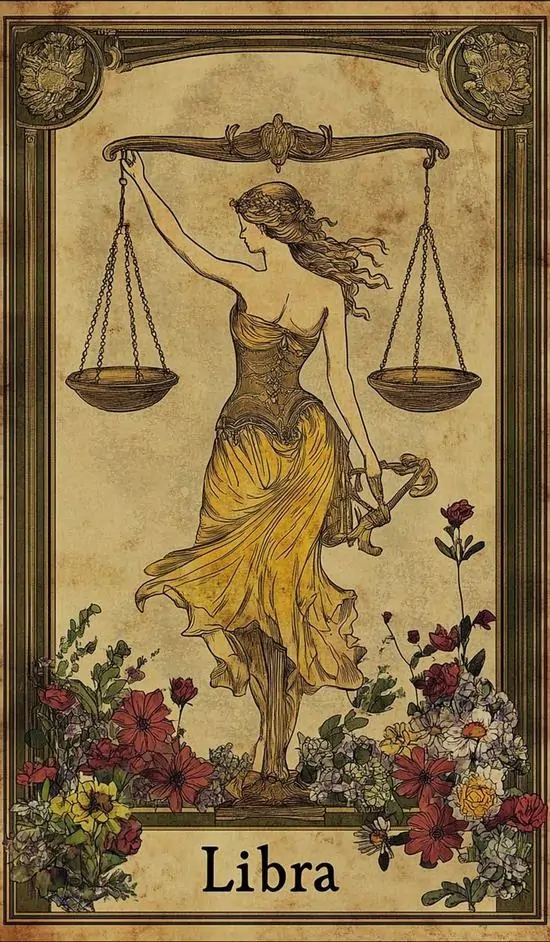 Lá bài tông vàng nâu vẽ một nhân vật đứng nghiêng cầm cán cân, trang phục cổ điển và viền trang trí đậm nét khiến hình ảnh Thiên Bình nghệ thuật có cảm giác như tranh in cũ