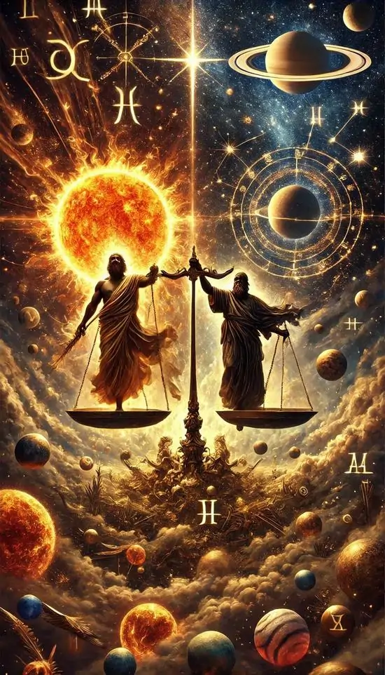 Ảnh bìa khung vũ trụ rực lửa với hai bóng người đứng đối nhau dưới biểu tượng cái cân, ánh sáng cam vàng xoáy mạnh làm cảnh nhìn rất nóng và giàu chuyển động