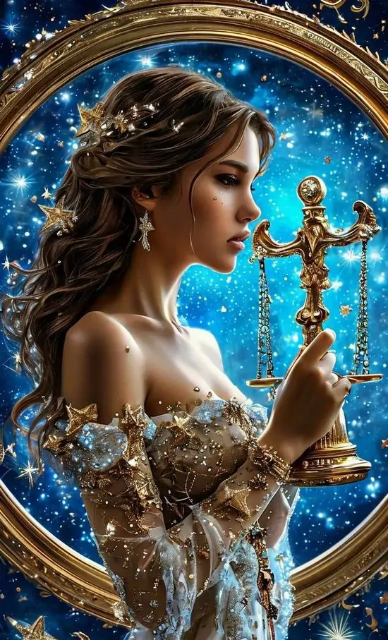Người phụ nữ nhìn nghiêng trong khung tròn xanh ngọc, tóc nâu búi nhẹ, tay nâng chiếc cân nhỏ và váy ánh bạc khiến ảnh đại diện phong cách Libra vừa mềm vừa sang