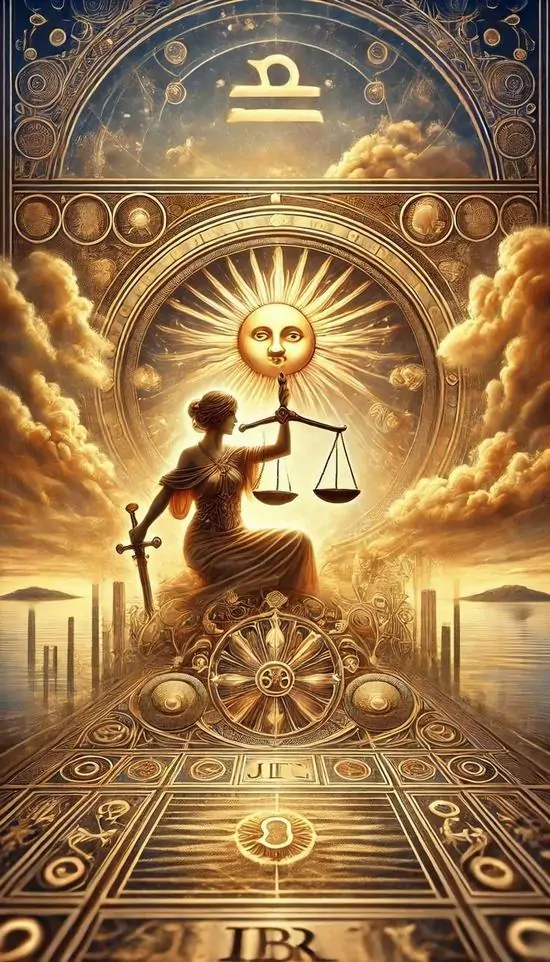 Hình nền điện thoại cảnh bậc thang vàng mở ra giữa không gian đối xứng, phía trên là cán cân sáng rực và vòng tròn lớn phía sau khiến bố cục trông như một đền chiêm tinh