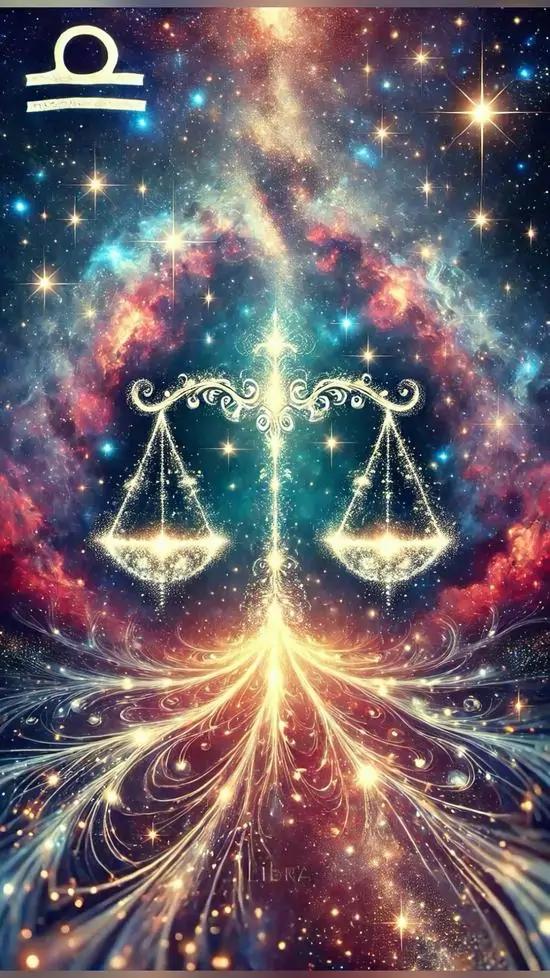 Dải sáng hồng xanh bùng nở giữa nền sao tím, hai bên hiện lên chiếc cân phát quang và toàn bộ hình đồ họa chòm sao Cái Cân mang cảm giác lung linh, rất bắt mắt