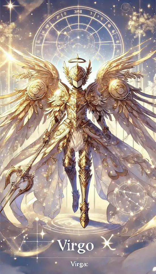 Ảnh wallpaper thiên thần dang cánh vàng rực giữa vòng tròn sáng lớn, thân hình cân đối và tư thế thẳng làm ảnh cung Xử Nữ này trông đẹp, sáng và khá nổi bật