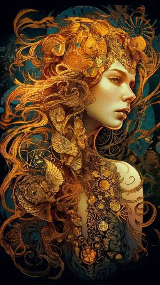 Ảnh nền đt Iphone chân dung nghiêng của cô gái tóc cam xù bồng giữa nền tối, hoa lá và ánh lửa quấn quanh gương mặt làm ảnh nền chòm sao Xử Nữ rất ấn tượng