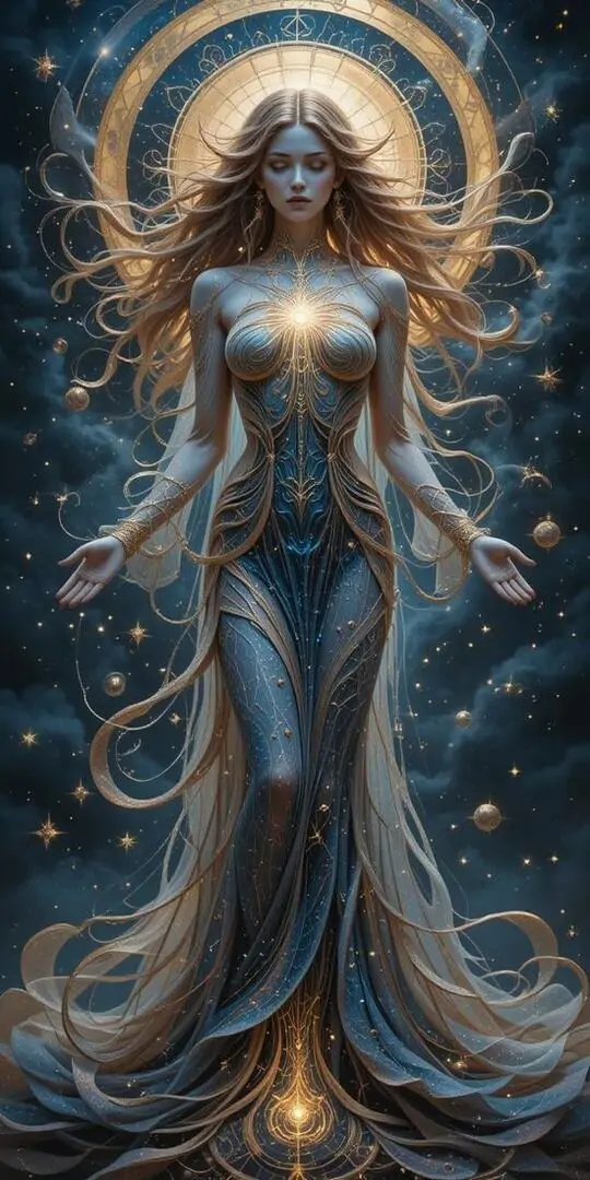 Hình nền dọc nữ thần áo dài xanh xám đứng thẳng với hào quang tròn sau đầu, nếp váy rũ mượt và ánh sáng vàng giúp khung sao Thất Nữ trông sang và Ultra HD