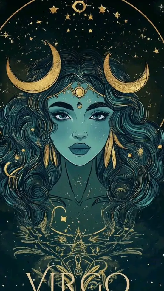 Gương mặt cô gái xanh ngọc nhìn thẳng với hai vầng trăng lưỡi liềm trên tóc, nền tối nhiều sao nhỏ khiến chòm sao Trinh Nữ trong ảnh vừa lạ vừa cute