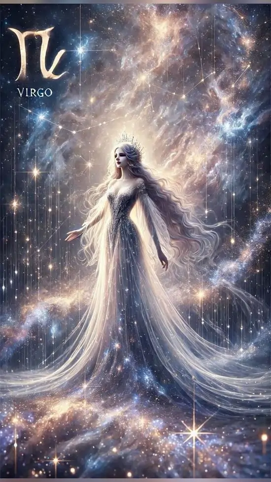 Ảnh nền Virgo thiếu nữ áo sáng bước lên từ dải sao bạc như sóng nước, tư thế vươn người mềm mại làm ảnh nền cung hoàng đạo thứ sáu trông bay bổng và rất đẹp