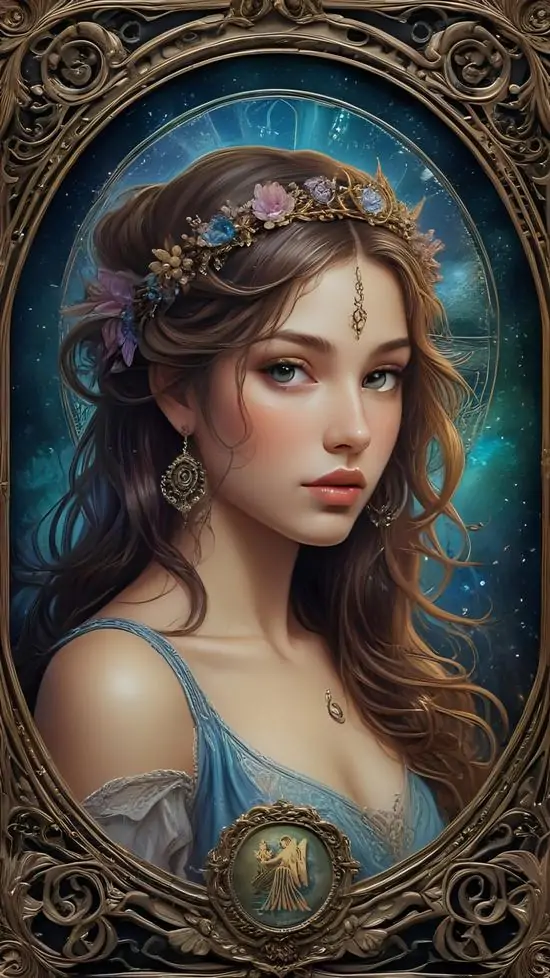 Chân dung cô gái tóc nâu đội vòng ngọc xanh trong khung cổ điển, mắt nhìn dịu và môi hồng nhẹ khiến bức này giống ảnh đại diện Xử Nữ ngọt ngào hơn hẳn