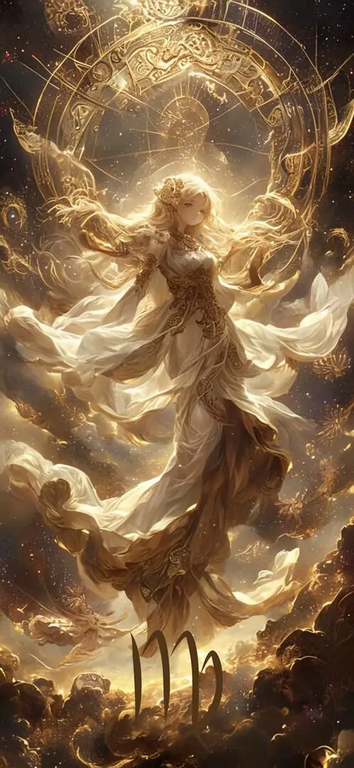 Nhân vật ánh vàng đứng giữa luồng sáng bốc cao như được tạo từ bụi sao, toàn thân mềm và rực làm hình nền cung Xử Nữ này trông 4K và nổi bật