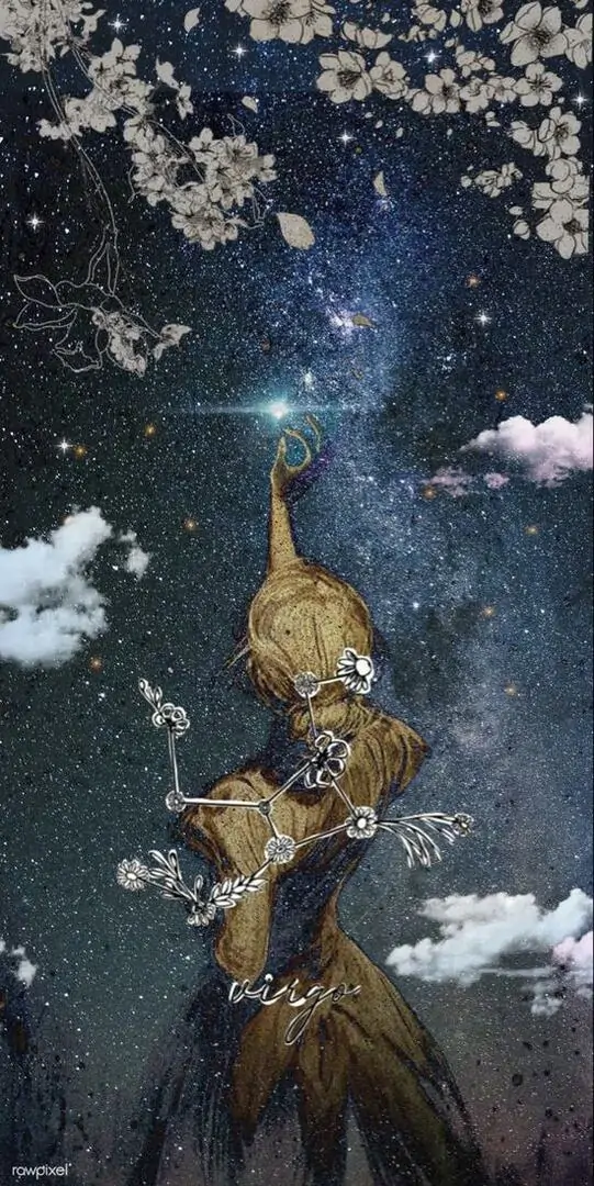 Hình nền cô gái nhỏ bay giữa trời đêm, váy vàng ôm dáng và ánh sao vây quanh khiến khung dọc chòm sao Xử Nữ trông mơ màng, cute và rất dịu mắt
