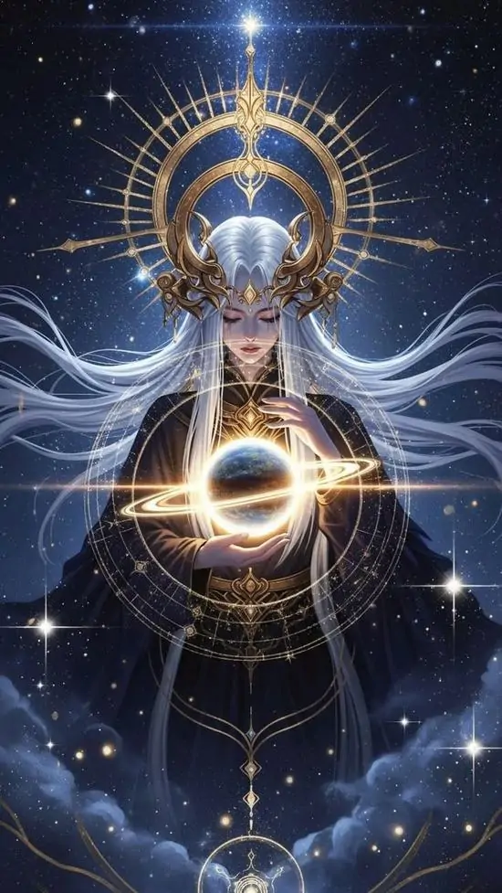 Ảnh đại diện Virgo quầng sáng xanh vàng mở rộng quanh một khối cầu nhỏ giữa nền trời đêm, bố cục đối xứng và sạch nên hợp người mê ảnh nền Virgo tối giản