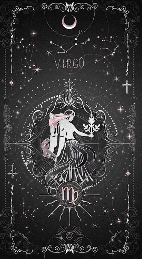 Khung đen phủ đầy họa tiết sao và hình cô gái trắng nhỏ ở giữa, chữ Virgo đặt gọn phía trên khiến ảnh cung Thất Nữ này trông thanh, lạ và rất dễ dùng