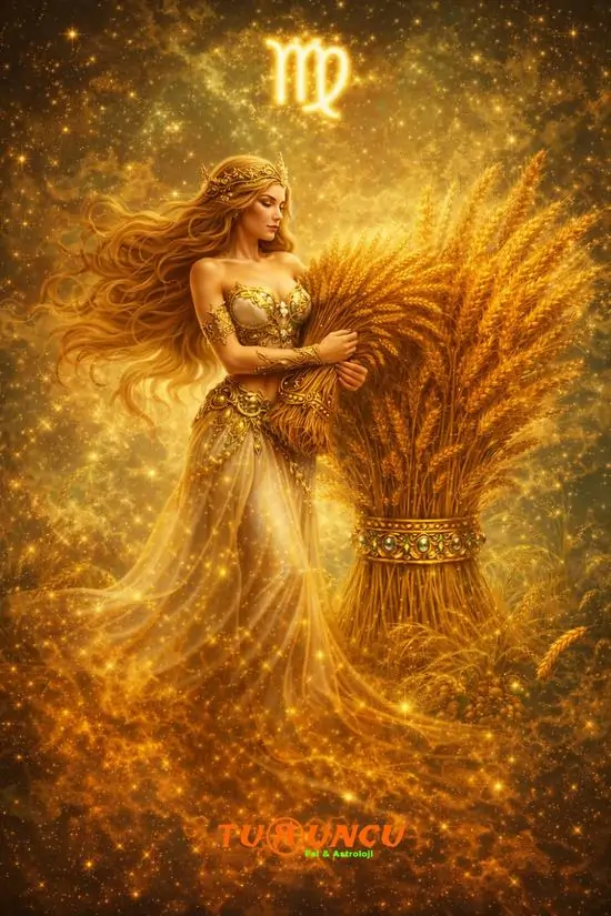 Ảnh nền thiếu nữ vàng ôm bó lúa lớn trong nền sáng rực như mùa gặt, váy mềm và mái tóc xoăn khiến hình cung hoàng đạo thứ sáu trở nên ấm, đẹp và hiền