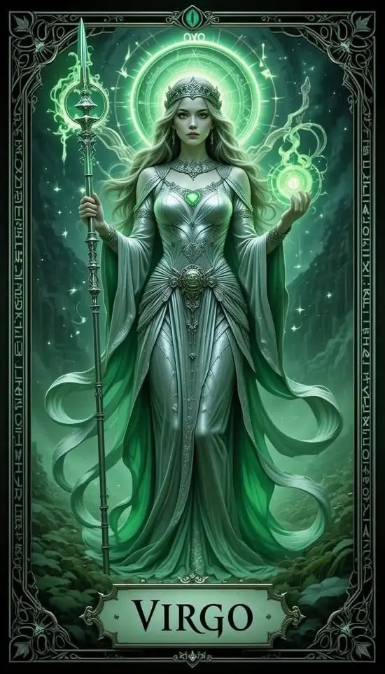 Nhân vật nữ áo xanh ngọc đứng trong khung viền tối, tay đặt trước bụng và ánh sáng mờ quanh người làm ảnh nền chòm sao Trinh Nữ khá chỉnh chu, HD và dịu