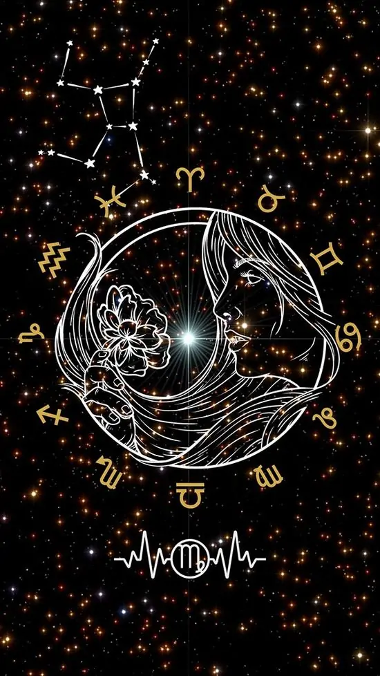 Ảnh bìa nền đen phủ bụi sao cam với vòng tròn chiêm tinh ở giữa, chi tiết mảnh nhưng rõ nên hợp làm hình nền cung Xử Nữ cho người thích kiểu gọn và lạ