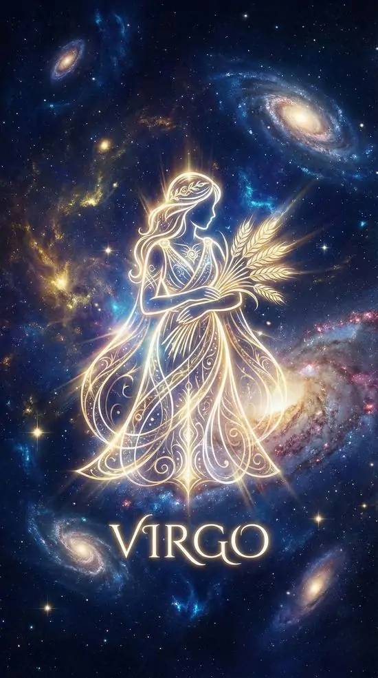 Hình nền điện thoại thiếu nữ nhỏ phát sáng đang xoay giữa dải ngân hà xanh tím, tóc và váy bay về một phía khiến ảnh nền Virgo có cảm giác vui và mềm