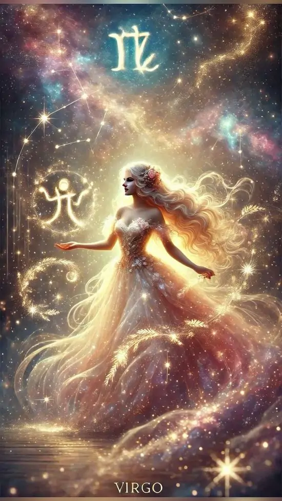 Cô gái mặc váy dài bước trên nền sao vàng tím, phía trên là ký hiệu Xử Nữ và các chòm sáng lấp lánh làm bức này vừa 4K vừa ngọt ngào dễ thương