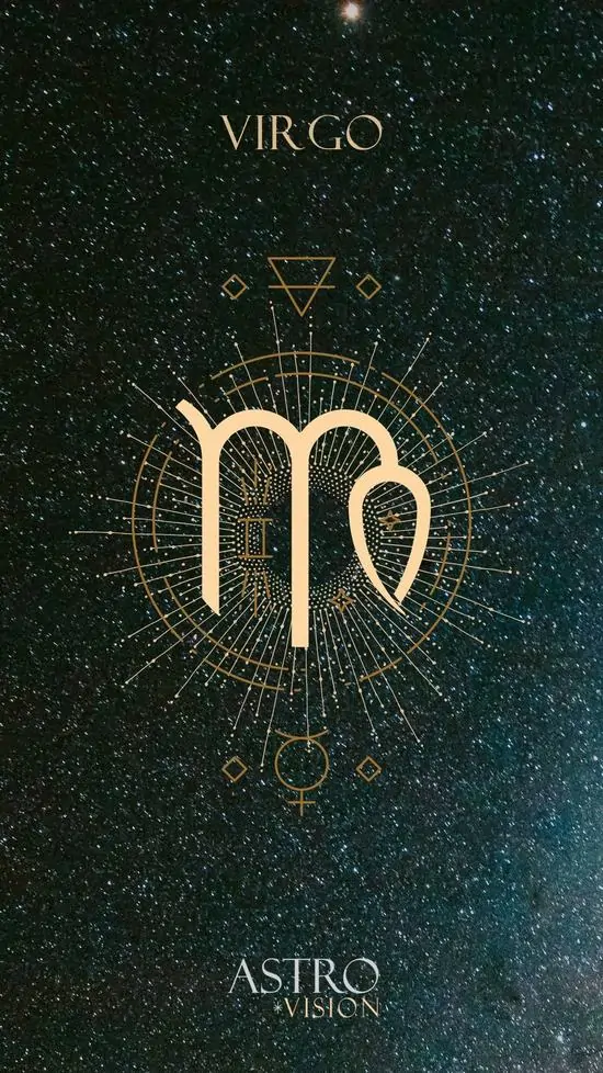 Biểu tượng chữ M của cung Thất Nữ hiện lên giữa nền xanh đen lấp tấm bụi sao, bố cục tối giản gọn gàng nên nhìn vừa đẹp vừa hợp làm ảnh khóa màn hình