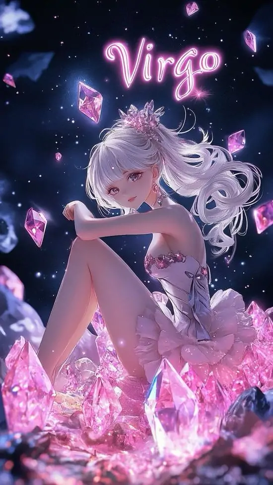 Ảnh wallpaper cô gái tóc hồng ngồi trên cụm đá tím dưới chữ Virgo, chân dài và dáng ngồi nghiêng khiến ảnh nền đt iPhone này nhìn xinh, cute và hơi tinh nghịch