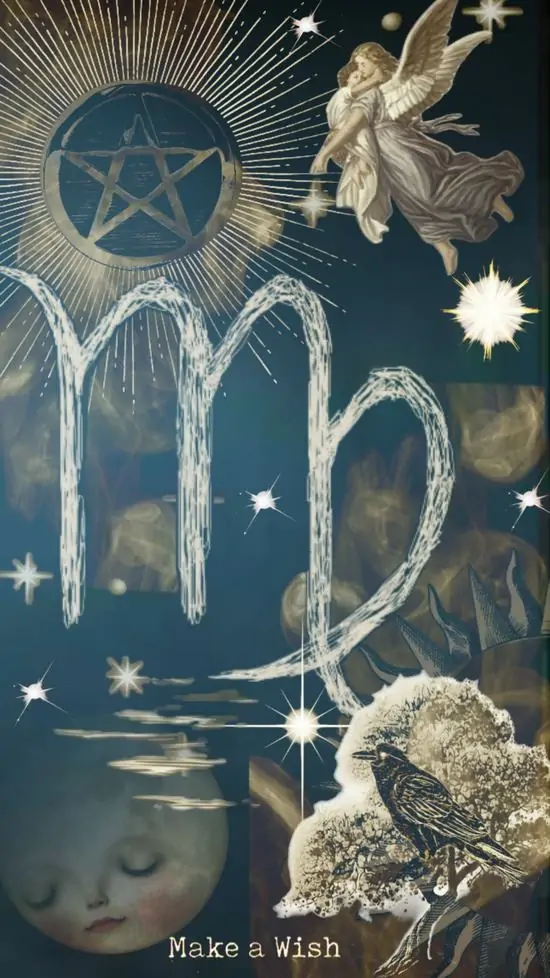 Biểu tượng chữ M lớn màu kem nổi bật trên nền xanh cổ điển có hoa trắng và đôi chim nhỏ, bố cục chòm sao Xử Nữ mềm mắt nên dùng làm ảnh khóa rất hợp