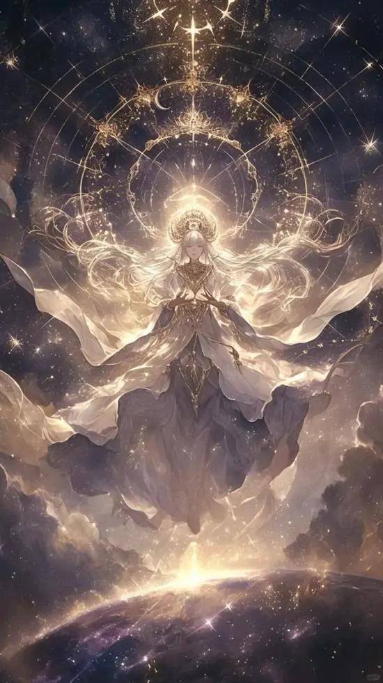 Ảnh nền đt Iphone nhân vật nữ phát sáng đứng trên đỉnh núi giữa vô số vòng hào quang vàng, váy dài xòe nhẹ làm hình cung Thất Nữ trông đẹp và khá linh thiêng