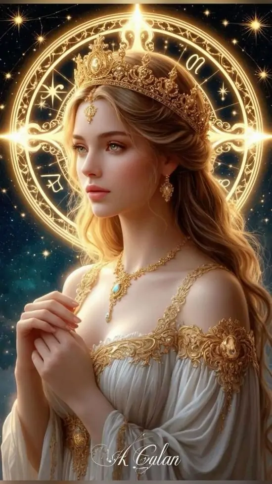 Cô gái tóc vàng đội vòng sáng lớn, hai tay chắp trước ngực và váy trắng rơi mềm khiến ảnh nền chòm sao Trinh Nữ này hiền, sang và rất dịu