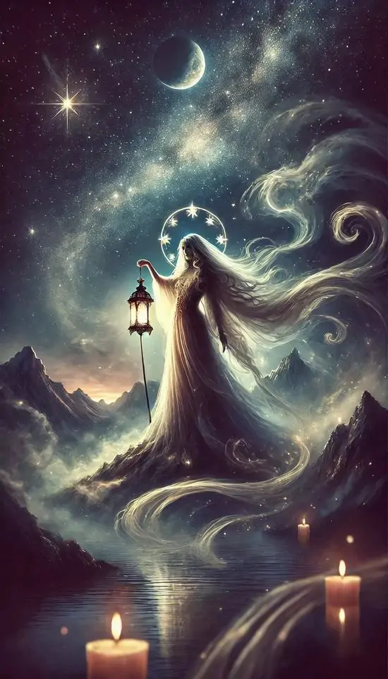 Hình nền dọc bóng người váy dài đứng trên mỏm đá nhìn về vệt sáng xanh uốn quanh trời đêm, khung hình sao Thất Nữ mang cảm giác nhẹ và Ultra HD