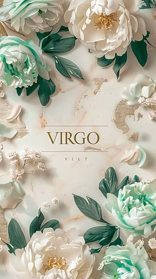 Ảnh nền Virgo nền kem phủ hoa trắng xanh nhạt với chữ Virgo đặt nhỏ ở giữa, không có nhân vật nhưng tổng thể rất xinh, sạch và hợp làm ảnh bìa nhẹ nhàng