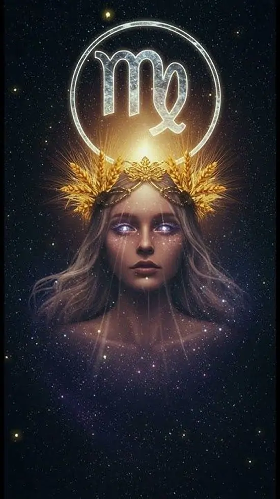 Gương mặt cô gái nhìn thẳng từ nền đen xanh, phía trên là ký hiệu chữ M sáng như vương miện nên hình nền cung Xử Nữ này vừa đẹp vừa cá tính