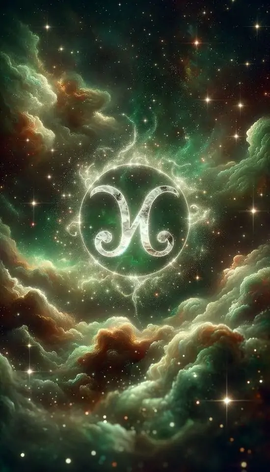 Hình nền chòm sao Xử Nữ đám mây xanh lục cuộn thành vùng sáng giữa trời tối, biểu tượng chòm sao nằm giữa tâm ảnh tạo cảm giác lạ mắt, HD và khá cuốn
