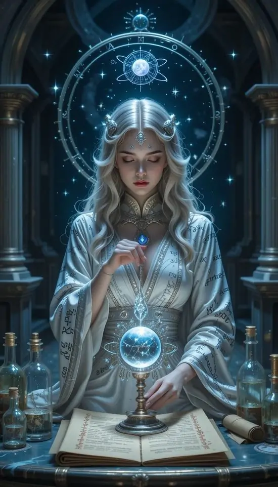 Cô gái áo xanh ngồi trong khung kính hình vòm, hai tay ôm quả cầu sáng trước ngực nên ảnh nền Virgo này trông hiền, chỉn chu và rất yên bình